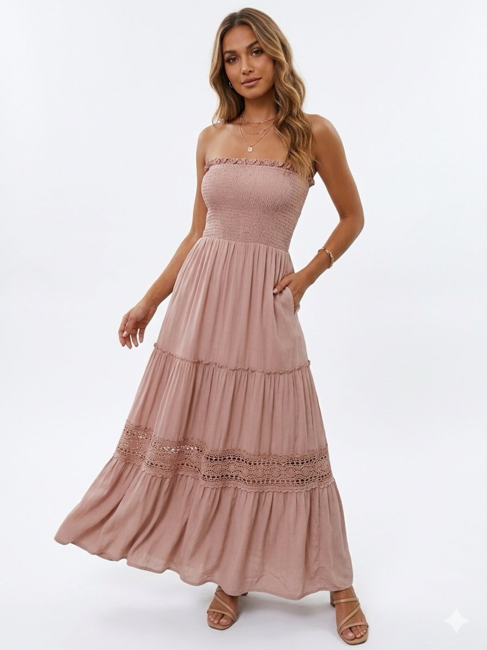 NWT Strapless Summer Boho Maxi Dress Smocked Tiered Crochet Cottagecore